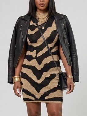 Bloomingdale’s Zebra Metallic Mock Neck Sleeveless Knit Mini Dress Resort Size M